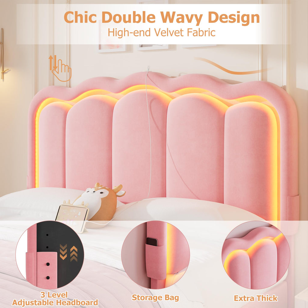 Queen Upholstered LED Bed Frame with 2 Storage Drawers and Adjustable Chic Double Wavy Headboard, Velvet Princess