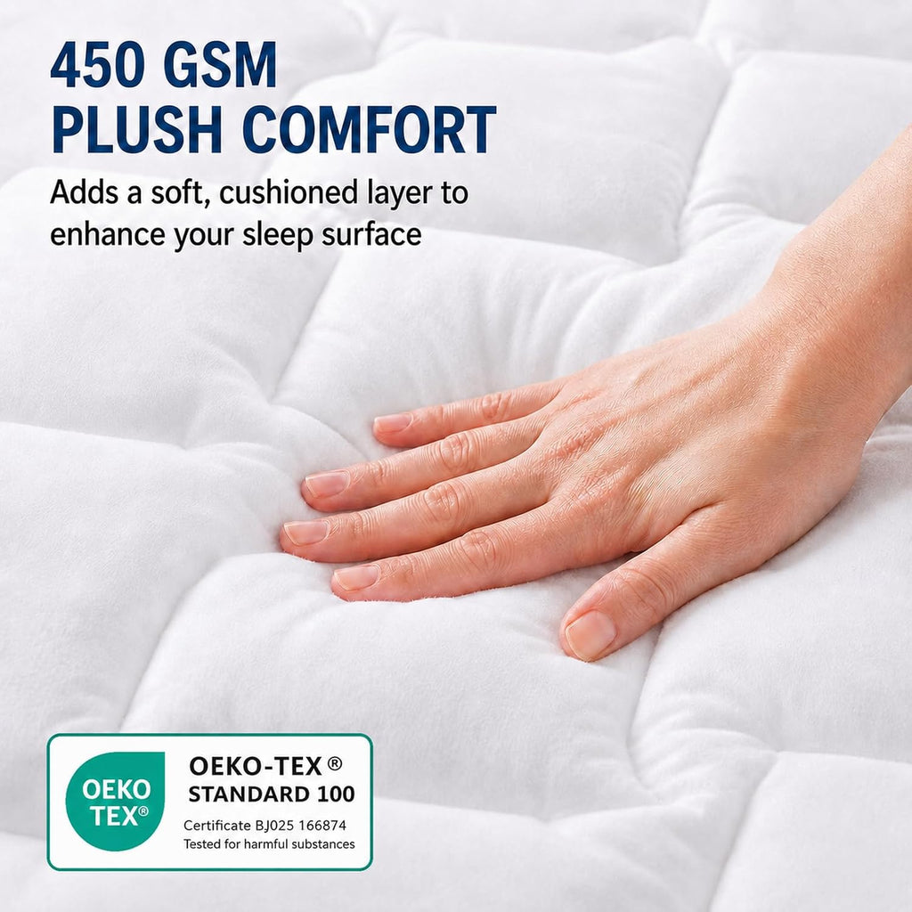 Queen Mattress Pad, 450 GSM Fill, Cotton Top, 8-21 Inch Pocket | OEKO-TEX Certified, White Queen 60 x 80 Inches