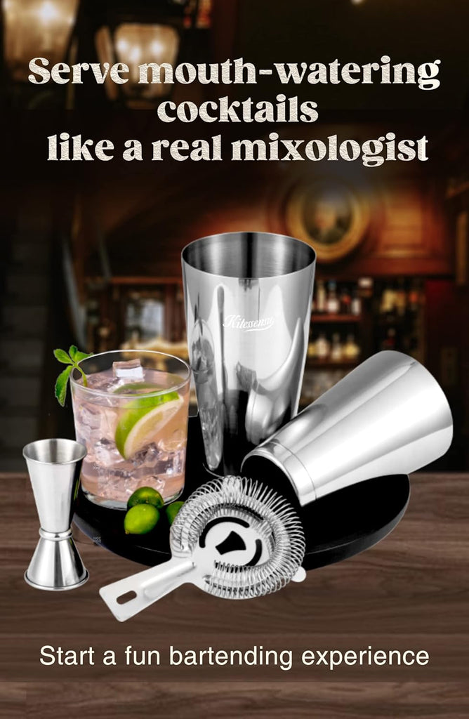Boston Cocktail Shaker Set, 4-Piece Boston Shaker Tins Bartender Kit with 18oz & 28oz Mixed Drink Shaker, Hawthorne