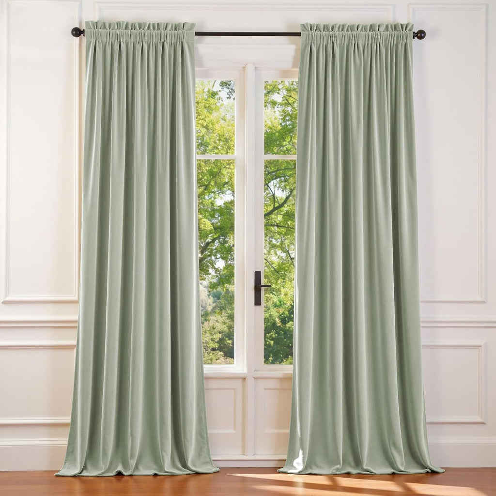 Green Velvet Curtains Blackout Thermal Insulated Curtains 96 Inch Long Window Drapes for Bedroom Living Room Super