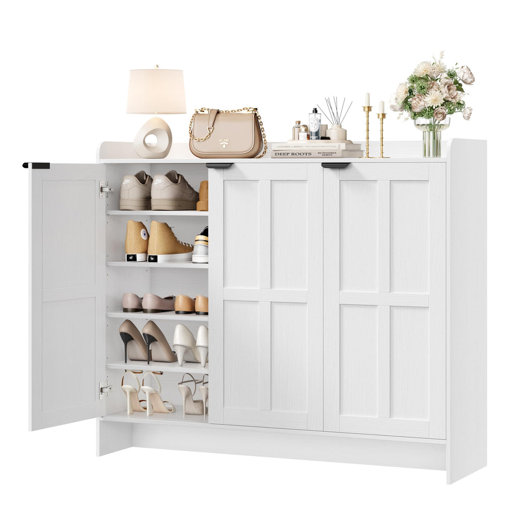 Farmhouse Shoe Cabinet with Doors, 4 Adjustable Shelves, White