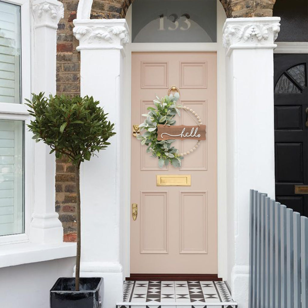 Green Wreath for Front Door, Wood Bead Wreaths with Artificial Lambs Ears Leaves, Hello and Welcome Door Sign Wreath