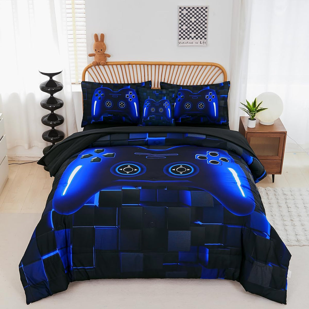 Twin Bed in A Bag 6 Pieces Gaming Bedding Set for Boys Blue Gamer Comforter with Sheet Set for Kids Teen Cool Video