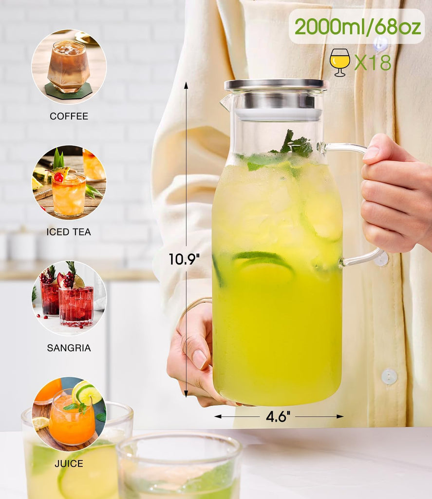 LUNA&MANTHA Glass Pitcher, 2 Liter 68oz Water Pitcher with Lid and Spout, Large Ice Tea Jug for Fridge, Thick Drink