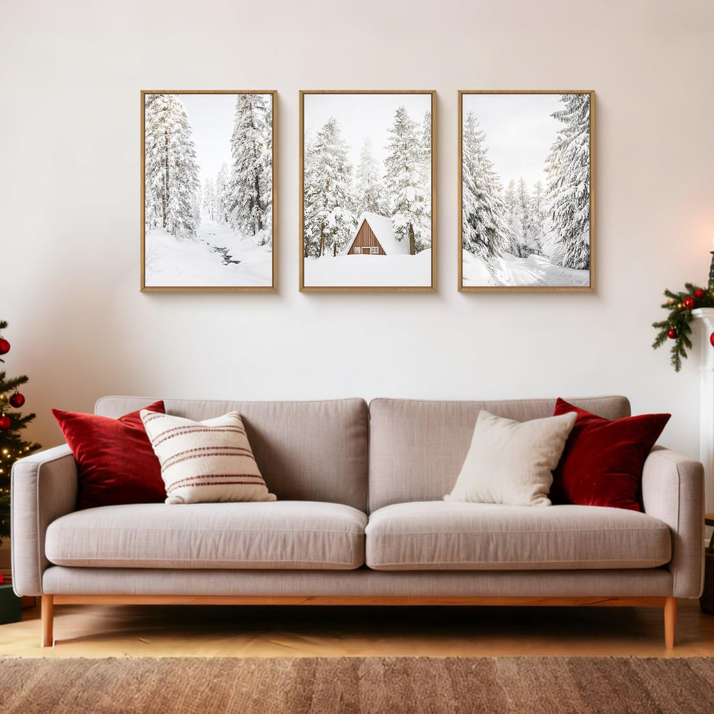 Christmas Snow Forest Framed Wall Art Set of 3, Large Winter Mountain Pine Tree Decor, Vintage White Cabin Landscape