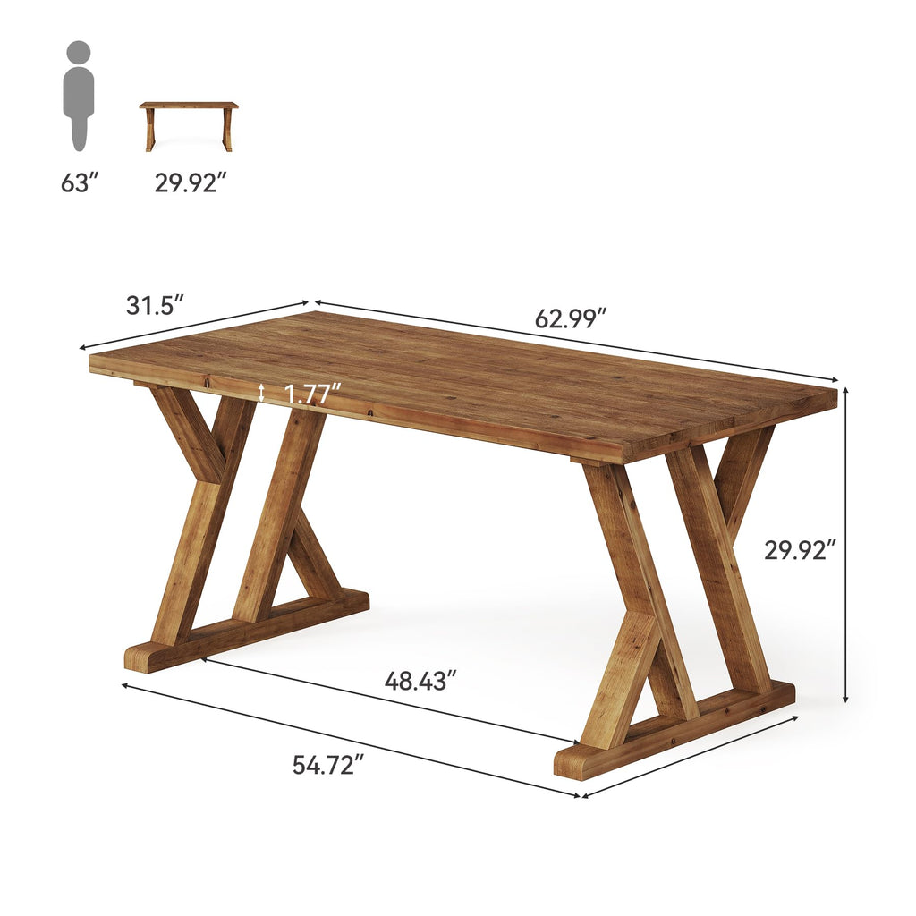 Solid Wood Dining Table for 4-6 People, 63 Inches Wooden Farmhouse Rectangular Kitchen Dinner Table with Heavy-Duty