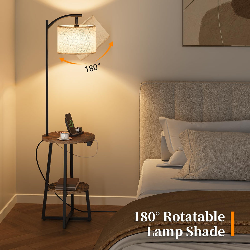 Floor Lamp with Table - Farmhouse Night Stand with Charging Station
