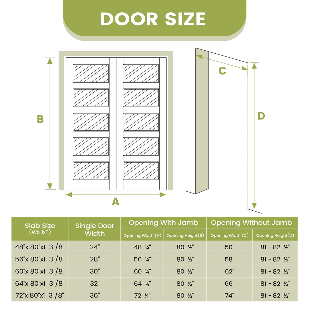64"x 80"Frosted Glass French Doors, 5-Lite Interior Pantry Door Slab