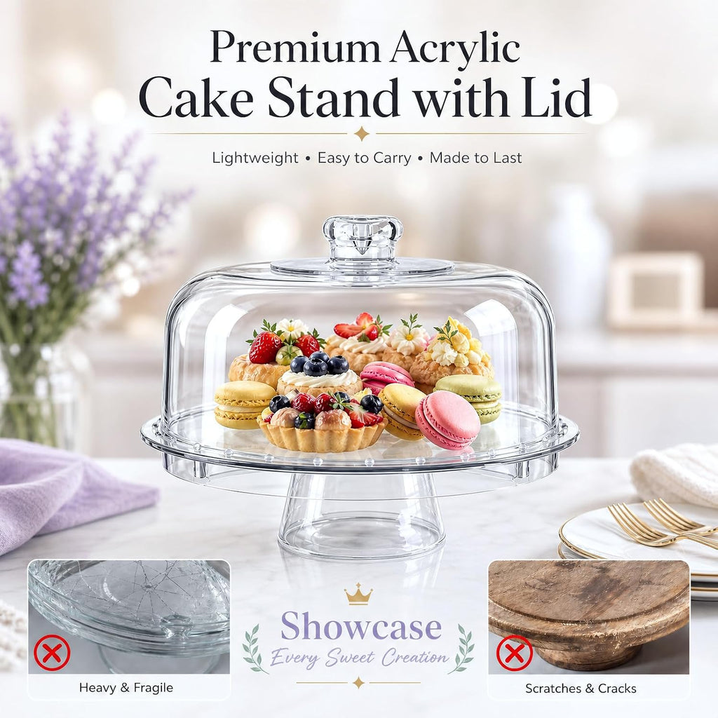 12 Inch Clear Acrylic Cake Stand With Lid, Versatile Reversible Design