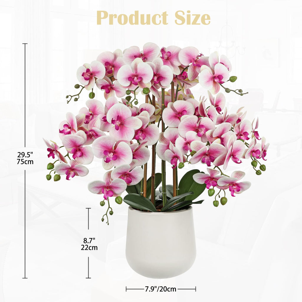 Extra Large Pink White Artificial Orchid Arrangement in Cream Resin Pot, 29.5in Realistic Faux Phalaenopsis Flowers