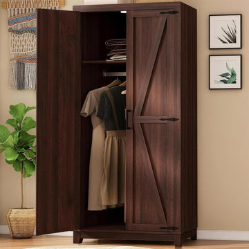 70" Tall Wooden Wardrobe Closet with Doors, Espresso
