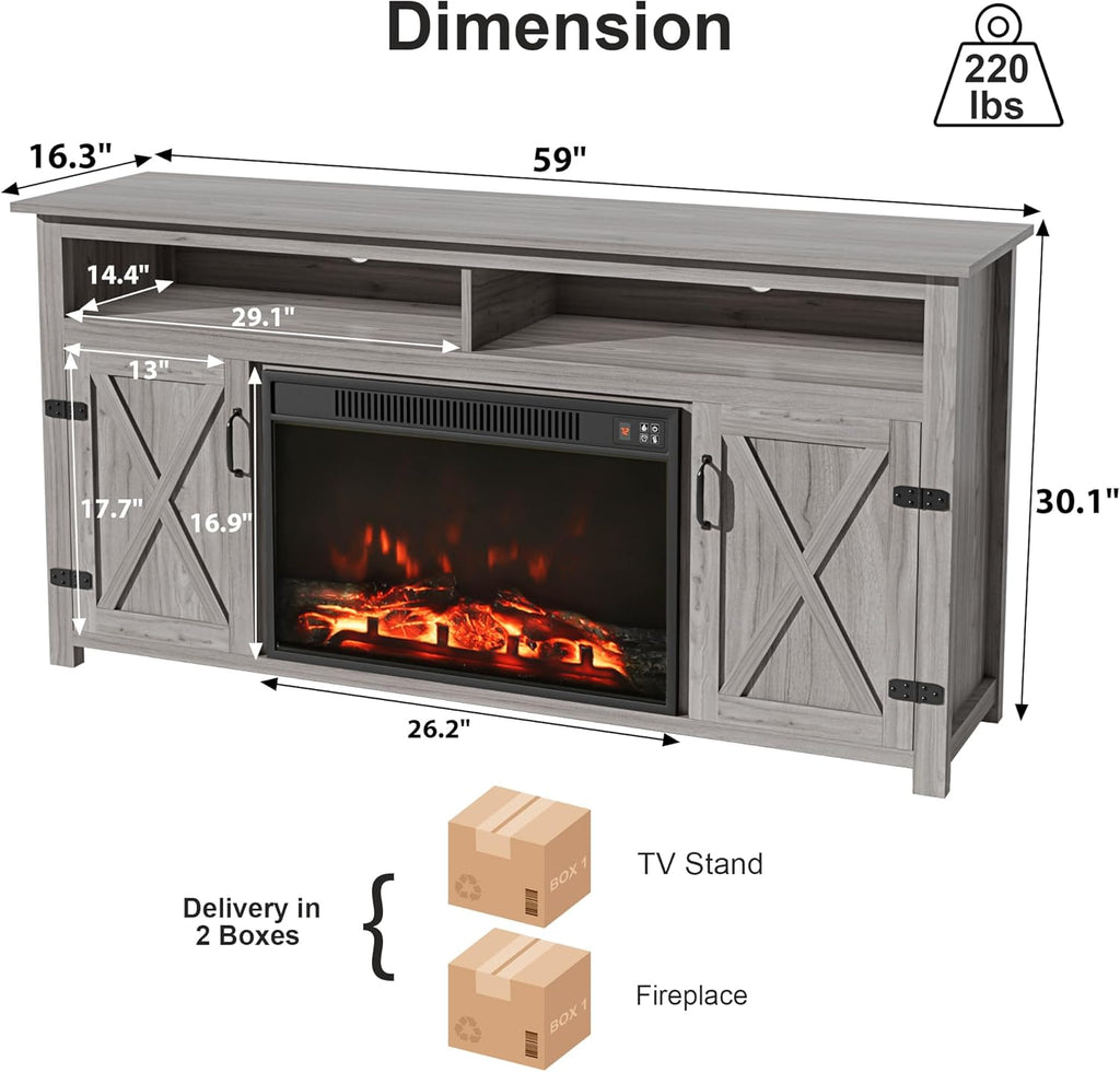 Farmhouse Fireplace TV Stand for TVs Up to 65 Inch Highboy Entertainment Center with Open Storage and Side Cabinets Rustic Media Console Table with Barn Doors for Living Room (Grey Wash) A132-B0CQK5177H