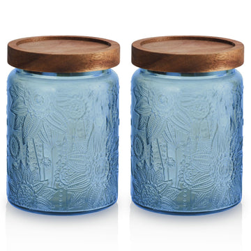 2 pack Decorative Mason Jars with Wooden Lids Colored Glass Kitchen Canister for Coffee Tea Cookie Airtight Vintage