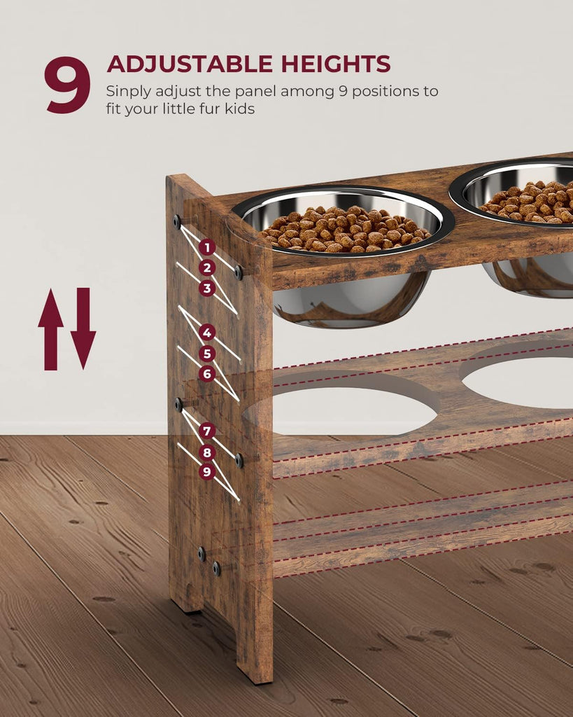 Elevated Dog Bowls, Adjustable Bowl Stand Medium, Rustic Brown