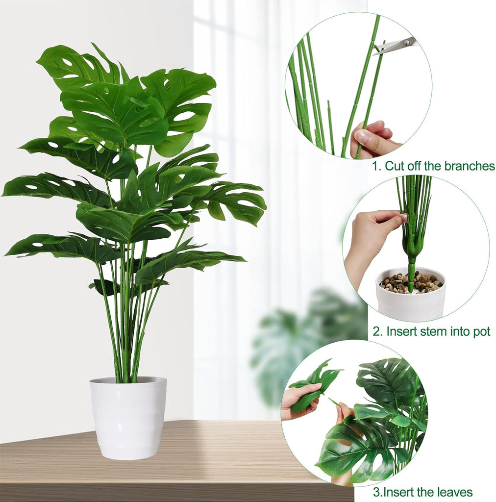 Set of 2 Artificial Monstera Deliciosa Plants in Pots, Fake Tropical Palm Tree with Greenery Leaves Stems, 28 Inch