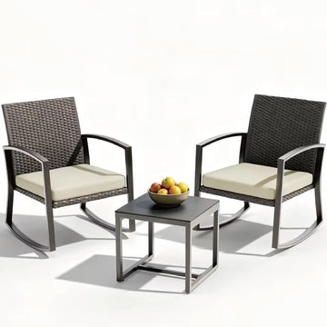 Rocking Patio Bistro Sets - All-Weather - 3 Piece Rattan Conversation Furniture Set, Wicker Outdoor Front Porch Chair