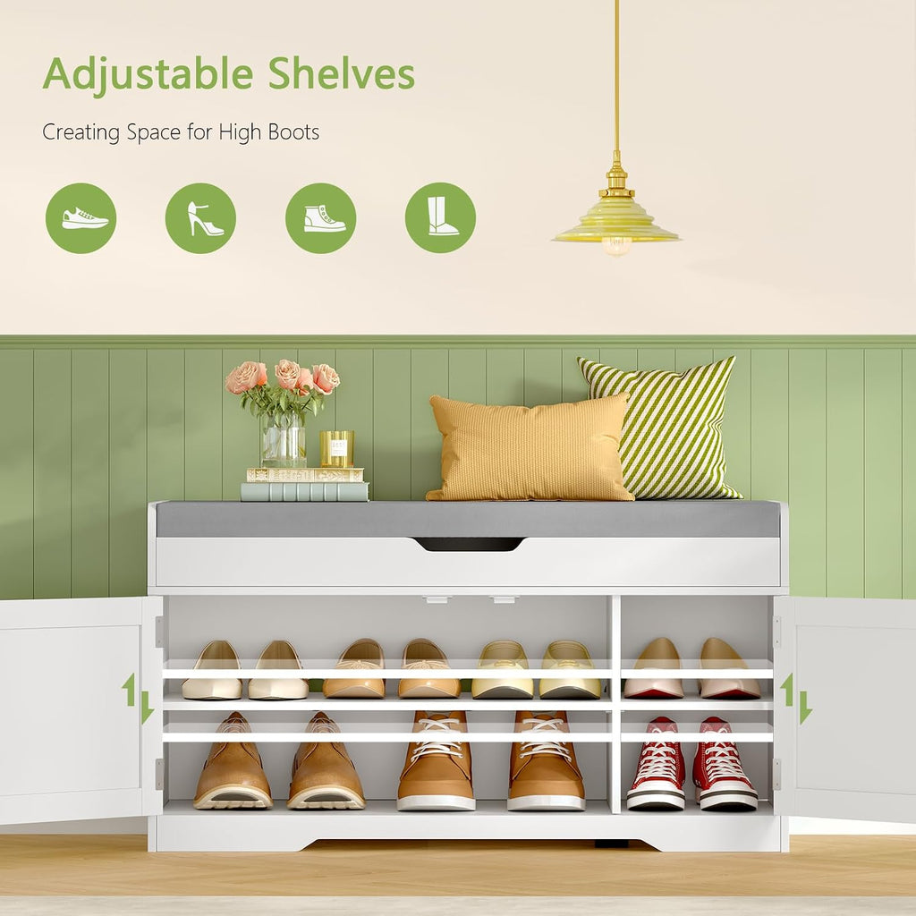 2-Tier Storage Bench, Shoe Bench with Adjustable Shelf & Lift Top Storage, Entryway Bench with Cushioned Seat,13.8"D