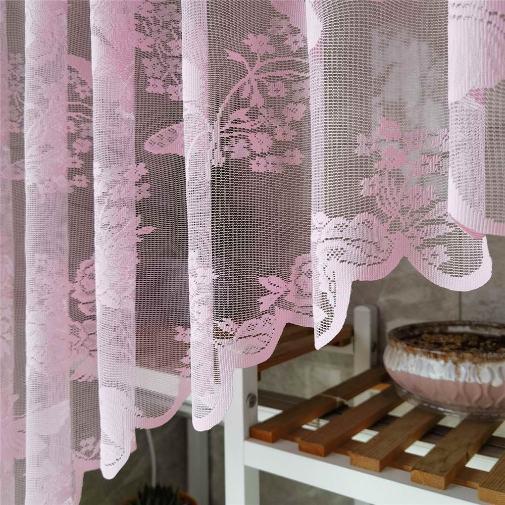 2 Panels Pink Butterfly Embroidery Arched Lace Sheer Curtain Valance