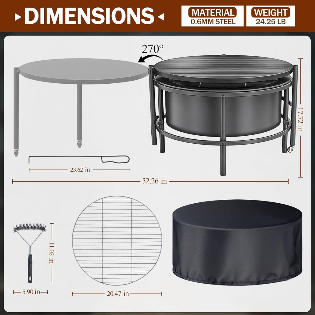 Fire Pits for Outside Wood Burning, Large Outdoor Fire Pit Stove with Roating Table and BBQ Grill