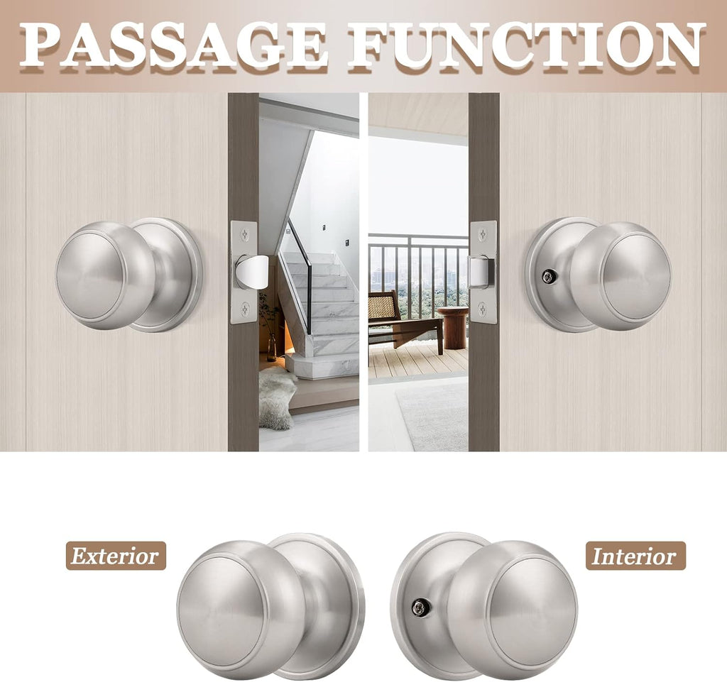 6 Pack Round Passage Door Knob(Non-Locking Knobs), Keyless Doorknobs Interior/Exterior Door Lockset,Passage Knobs