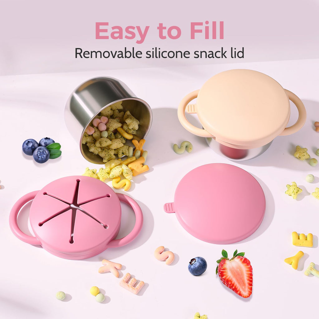 2 Pack Stainless Steel Spill Proof Snack Cup for Baby Toddlers Kids, with Silicone Food Catcher, Travel Lid