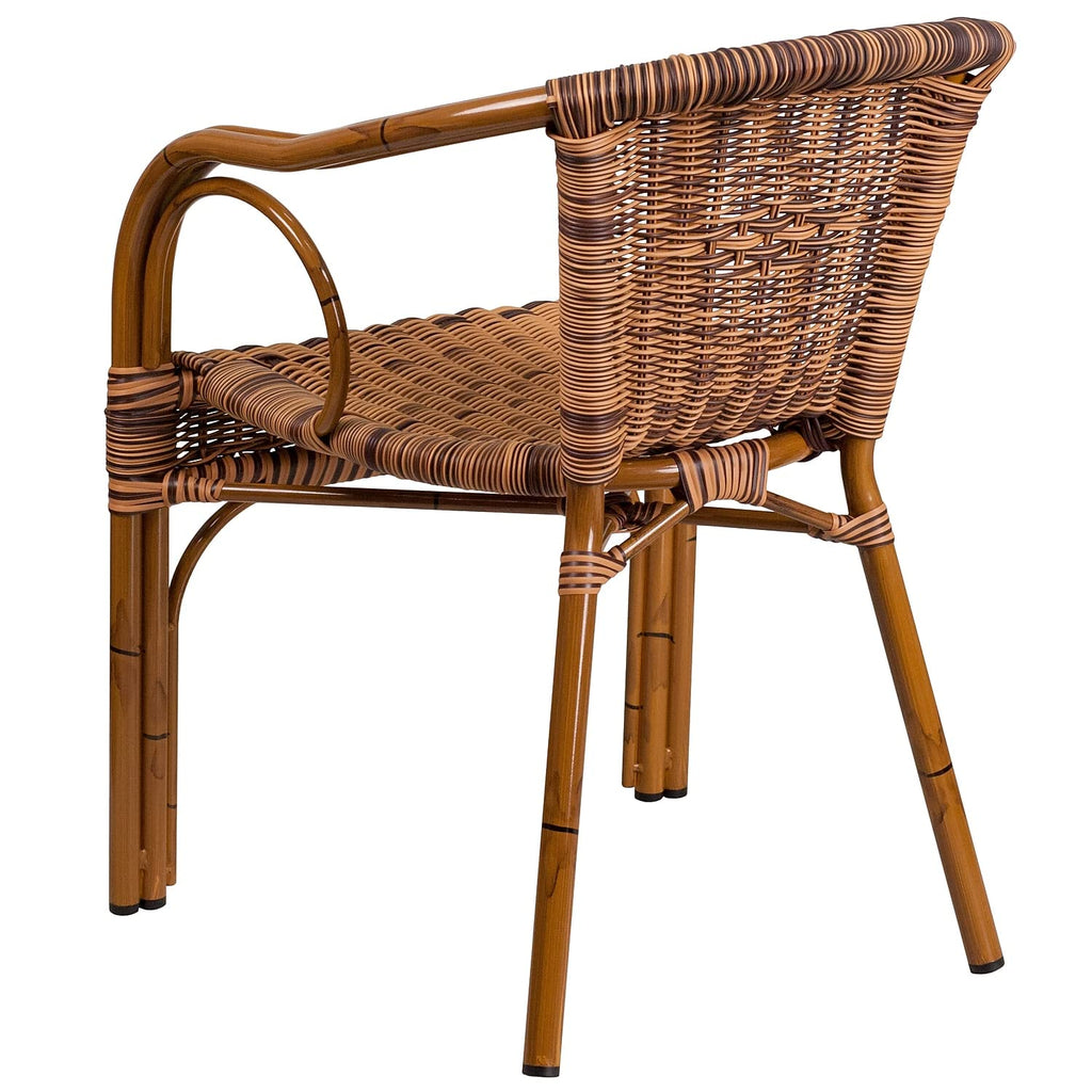 3 Pack Cadiz Series Burning Brown Rattan Restaurant Patio Chair with Dark Red Bamboo-Aluminum Frame