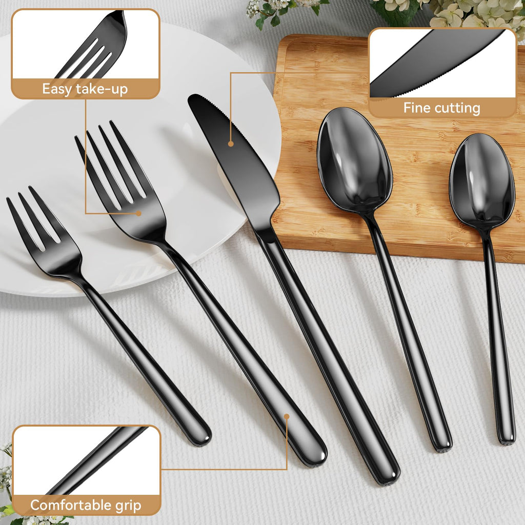 Oval Black 20-Piece Silverware Set, Forged Stainless Steel Flatware Set with European Design, Modern Cutlery Set