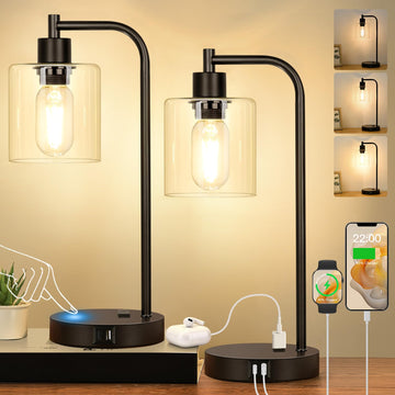 Set of 2 Industrial Touch Control Table Lamps with USB C+A Ports and AC Outlet - 3-Way Dimmable Black Bedside Lamps