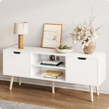White TV Stand for 50 55 60+ Inch TVs, Modern TV Console with Storage Cabinets, Open Shelves and Solid Wood Legs