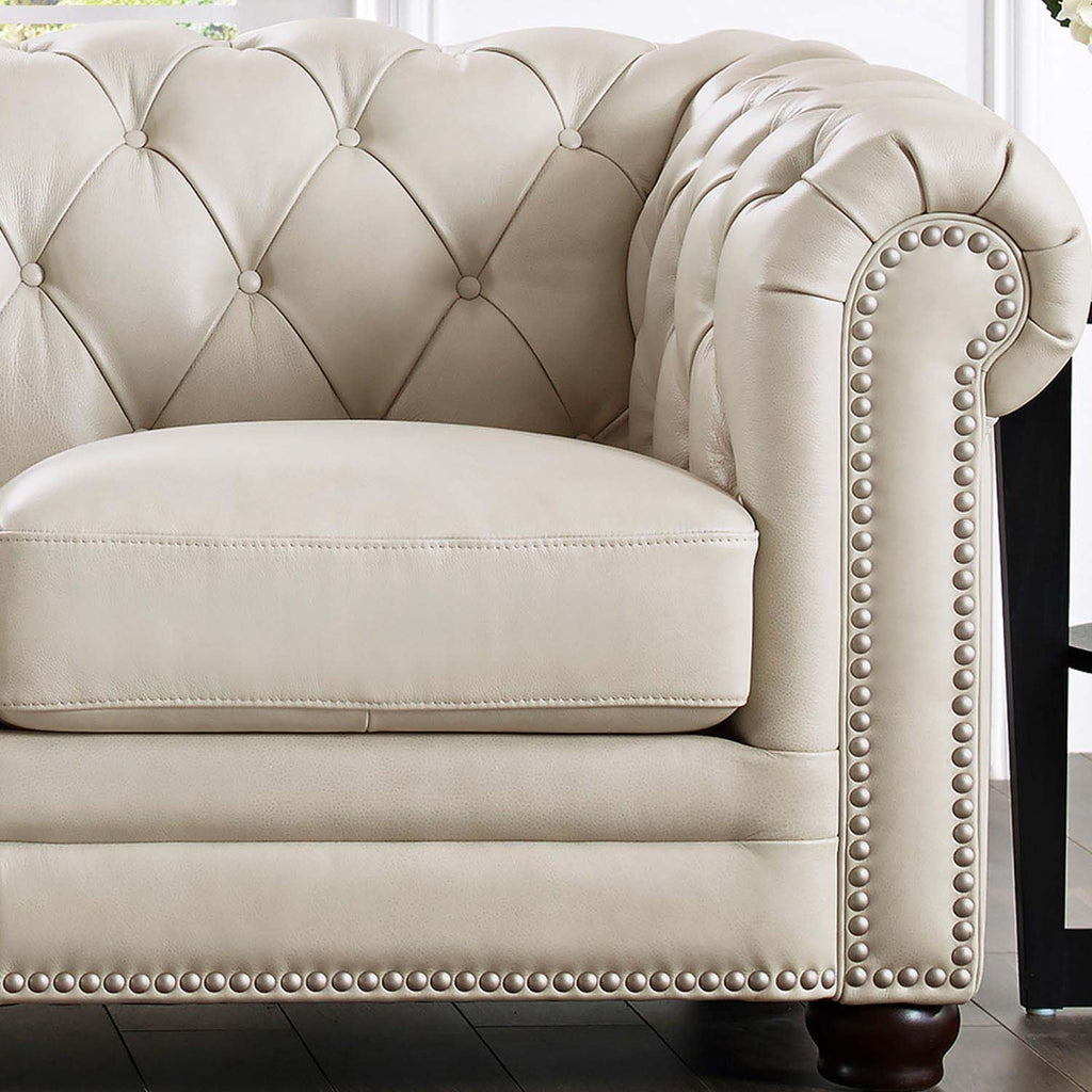 Aliso Top Grain Leather Sofa and Loveseat Set, Vanilla, Feather Down, Memory Foam and Springs Seating