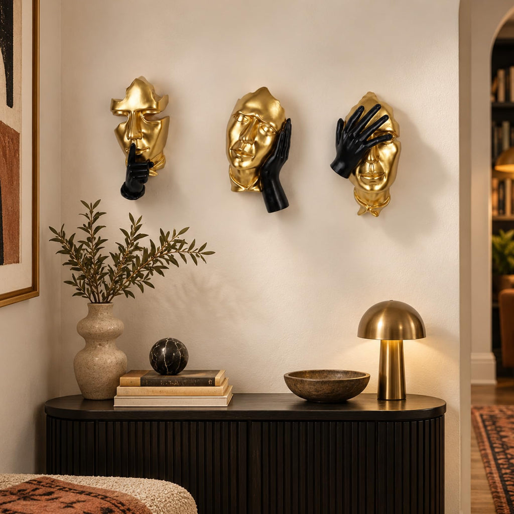 Face Wall Sculptures Set of 3, Modern 3D Abstract Wall Art, Black and Gold