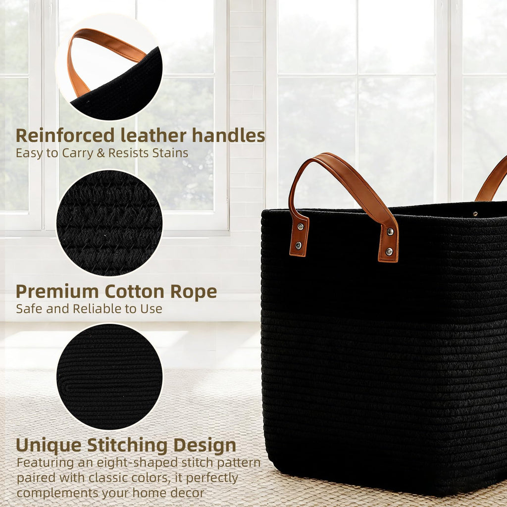 89L Extra Laundry Basket with Leather Handles, Woven Cotton Rope Blanket Basket, Toy Bin for Baby Room, Laundry Hampers