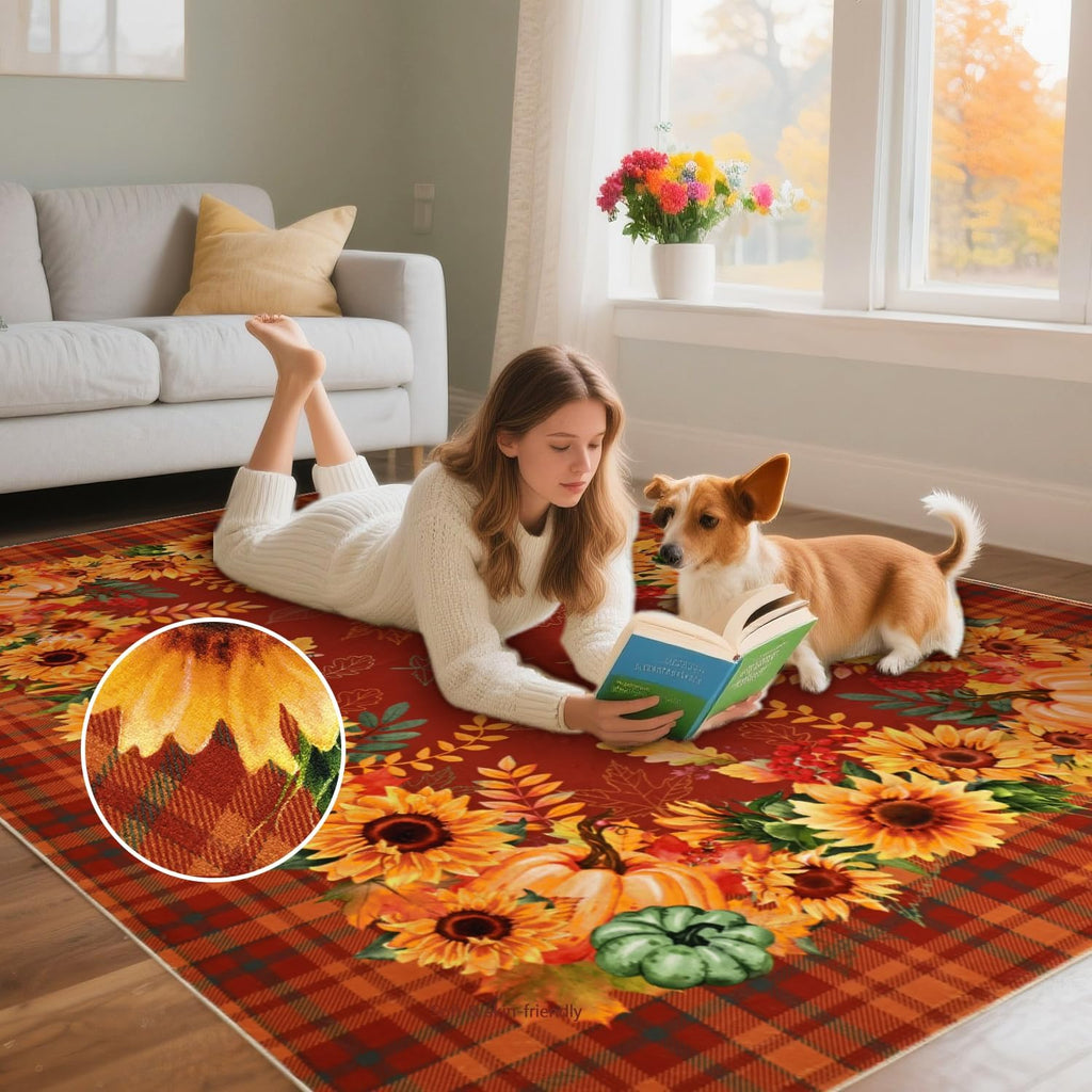 Fall Area Rug Sunflower Living Room Rug Pumpkin Plaid Washable Rugs Orange Bedroom Rugs Non Slip Soft Faux Wool