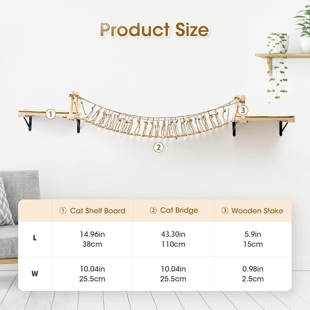 Wall-Mounted Cat Roped Bridge Long for Indoor Cats, Cat Wall Shelves for Sleeping, Playing, Climbing, Wooden Cats Bed
