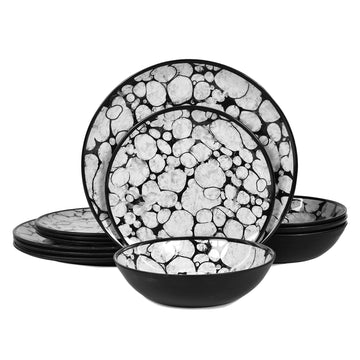 Melamine Dinnerware Set 12pcs, Black and White Plates and Bowls Sets