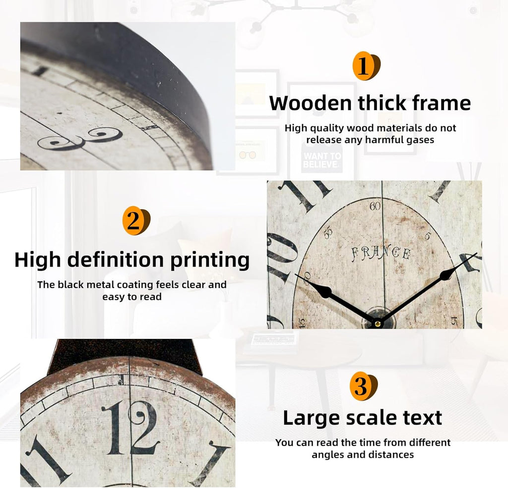 MODE HOME Large French Country Oval Wall Clock for Living Room Decor, Rustic Farmhouse Wall Clock Decorative