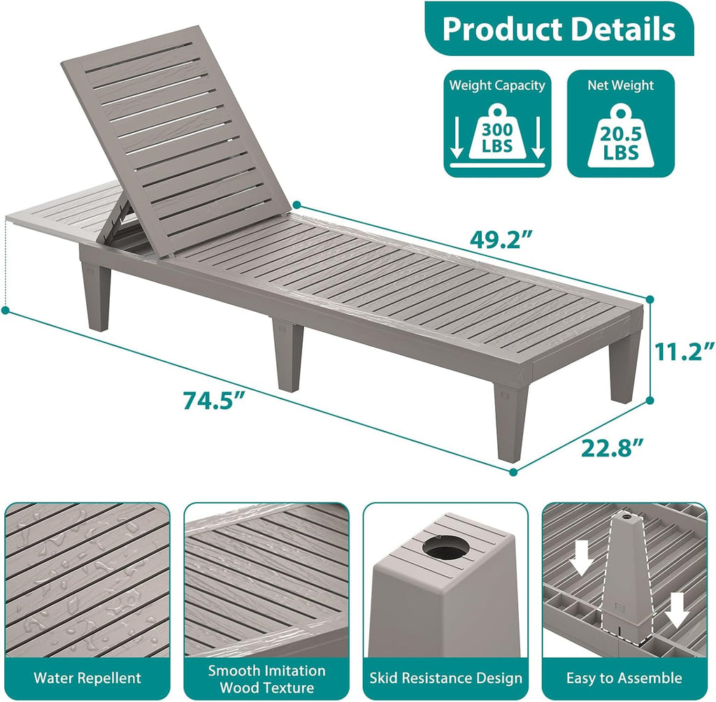 Outdoor Lounge Chairs Set of 2 for Poolside Patio, Weather-Resistant Pool Chaise Lounge with Adjustable Backrest