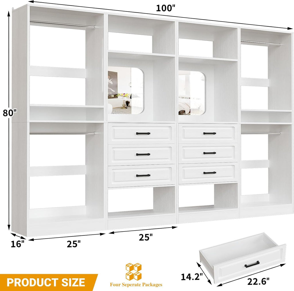 100" Wood Closet System with Drawers and Mirror, White | Large walk in wardrobe organizer with hanging rods and
