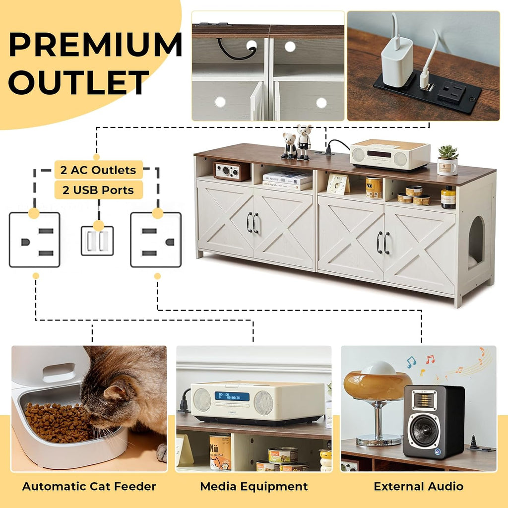 63" Double Cat Litter Box Enclosure for 2 Cats, Hidden Wooden Litter Box Furniture with Power Outlet