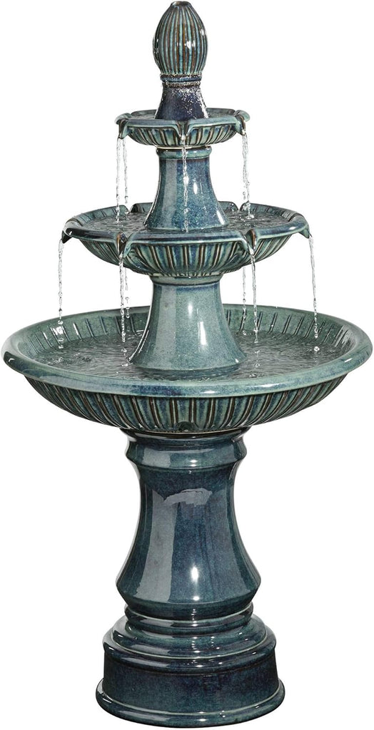 Formentera 46" High Large Italian Indoor Outdoor Decor Teal Blue Ceramic Floor Fountain with Light LED Waterfall