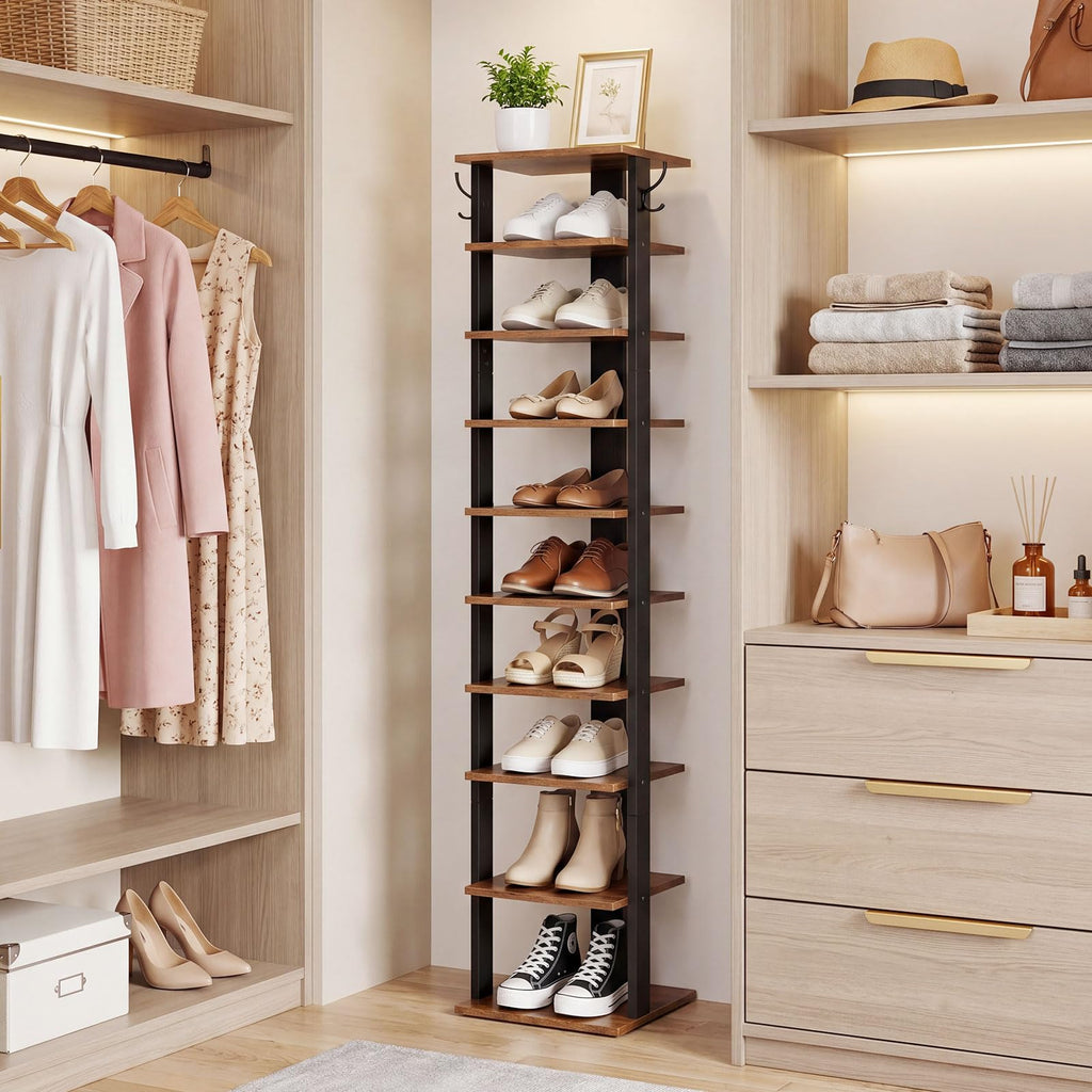 10 Tiers Vertical Shoe Rack, Wooden Shoe Storage Organizer with Hooks, Narrow Shoe Tower for 10 Pairs, Space Saving
