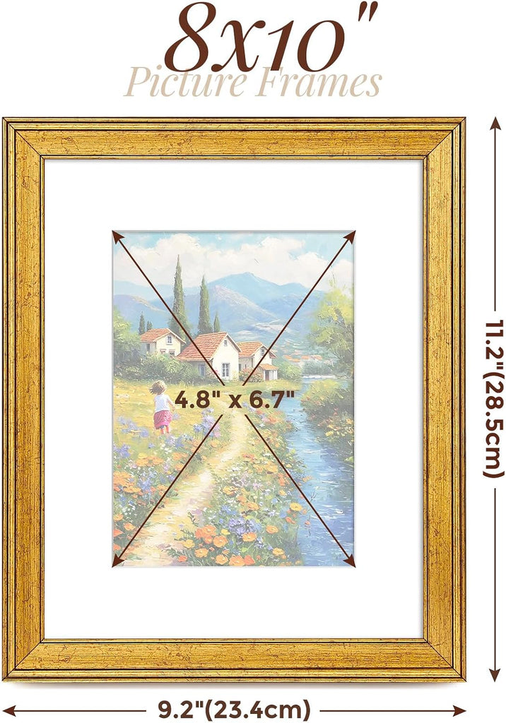 8x10 Gold Picture Frames Set of 6,Rustic Gold Frames Set for Gallery | Fits 5x7 Photo with Mat or 8x10 without