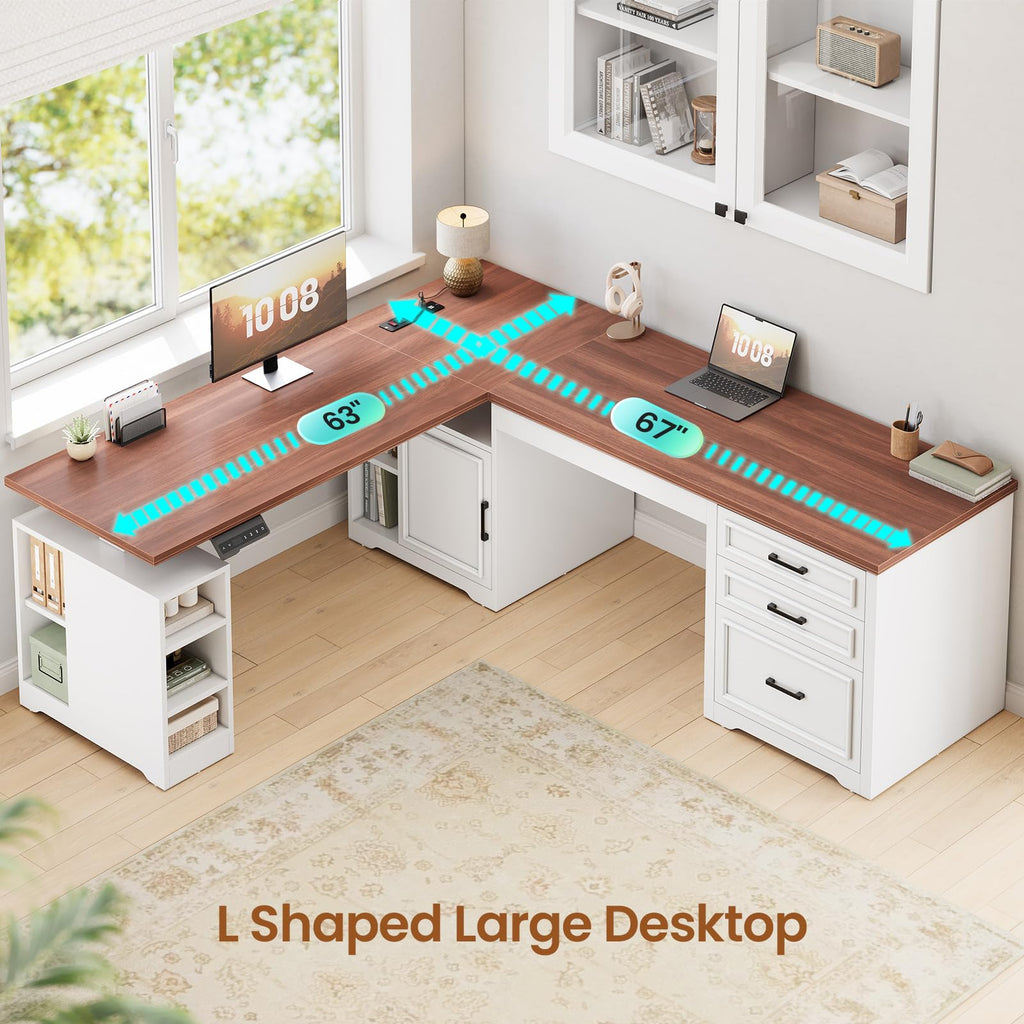 Farmhouse L Shaped Standing Desk with Storage, White