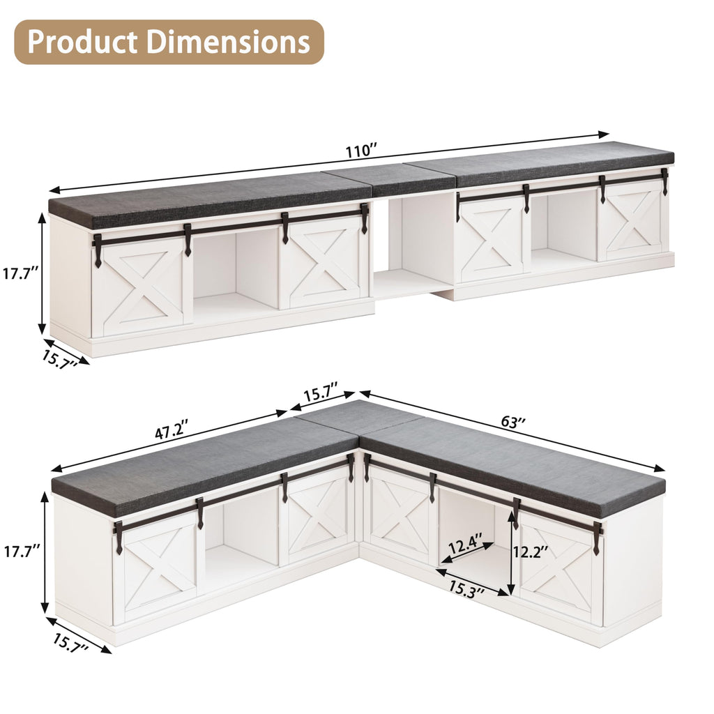Farmhouse L Shaped Corner Shoe Storage Bench, Corner Bench with Cushion and Sliding Barn Door, 63" Breakfast Nook
