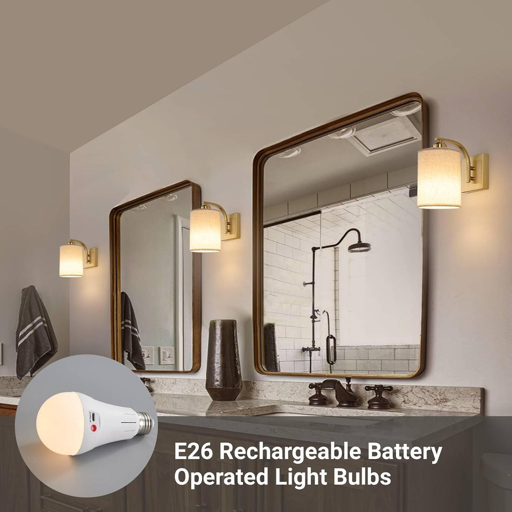 Gold Rechargeable Wall Sconces Set of 2 with Remote, Wireless Battery Operated Dimmable LED Wall Lights, Cordless