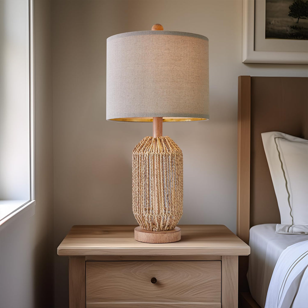 21" Boho Table Lamp, Bedside Lamp for Nightstands, Rattan Lamp, Farmhouse Table Lamp for Room Decor, End Table