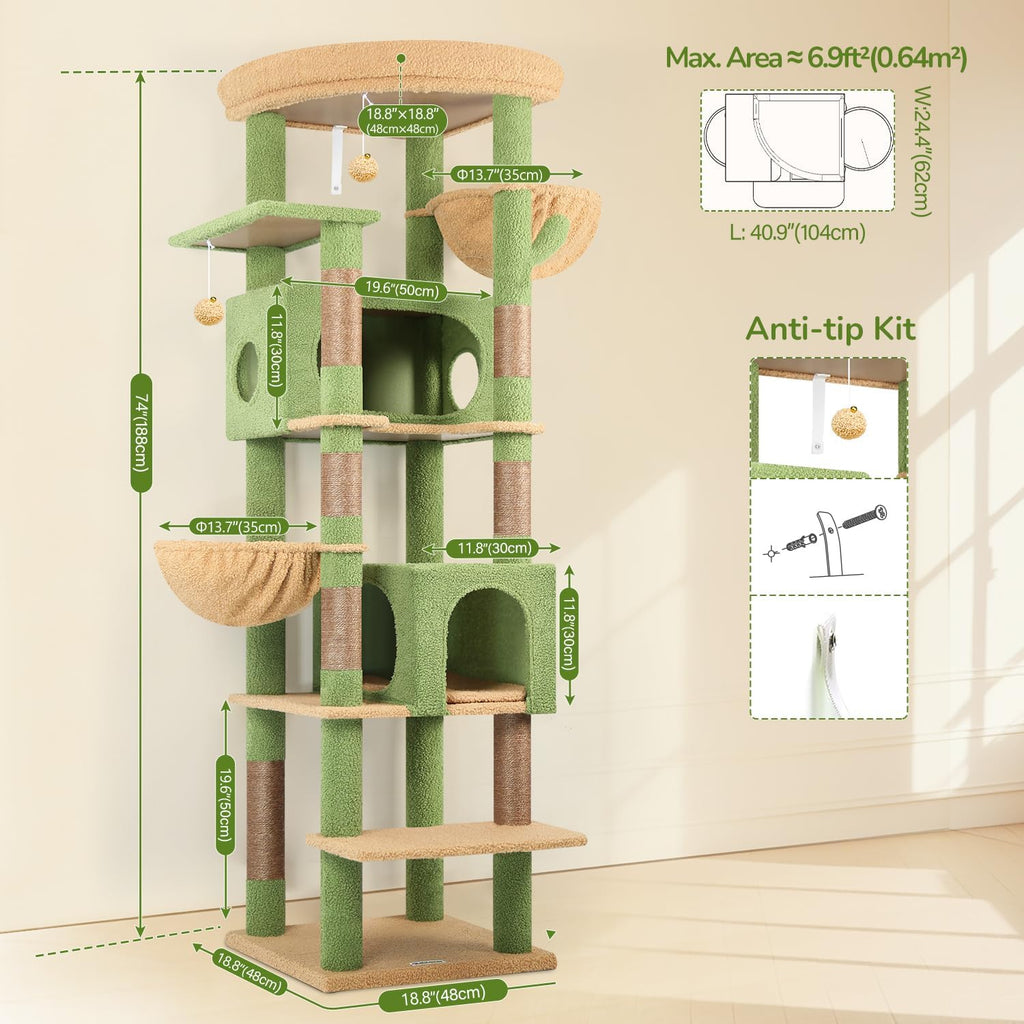 74in Cactus Heavy Duty Cat Tree Tower for Indoor Large Cats