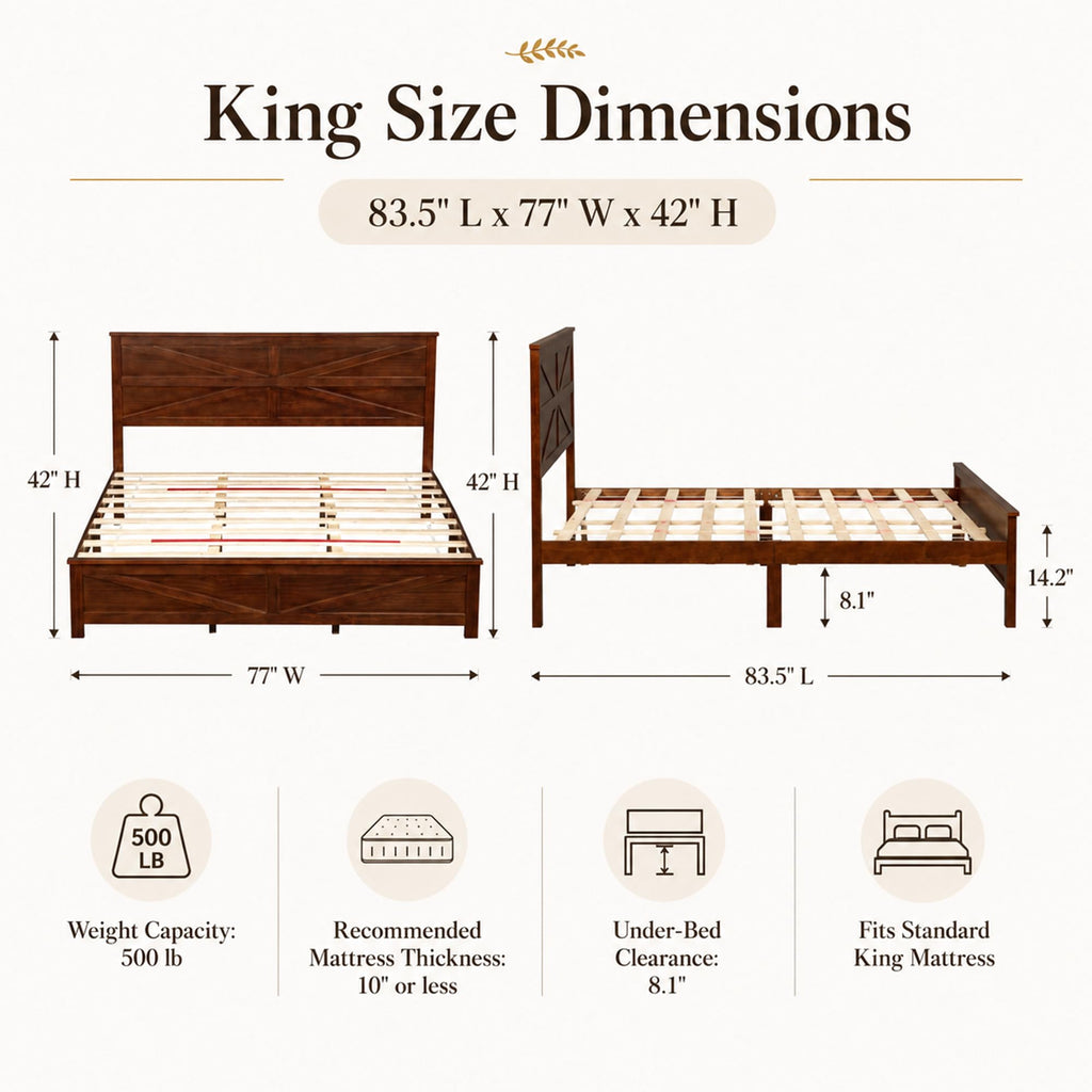 Farmhouse Bed Frame with Barn Door Headboard and Footboard, Wood Platform Bed Frame, No Box Spring