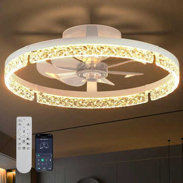 Ceiling Fans with Lights and Remote, 20'' Low Profile Ceiling Fans, 3000-6000K Dimmable Modern Flush Mount LED Fan Light, Fandelier Ceiling Fan for Bedroom, Kitchen, Living Room, White A101-B0DP27M8RT