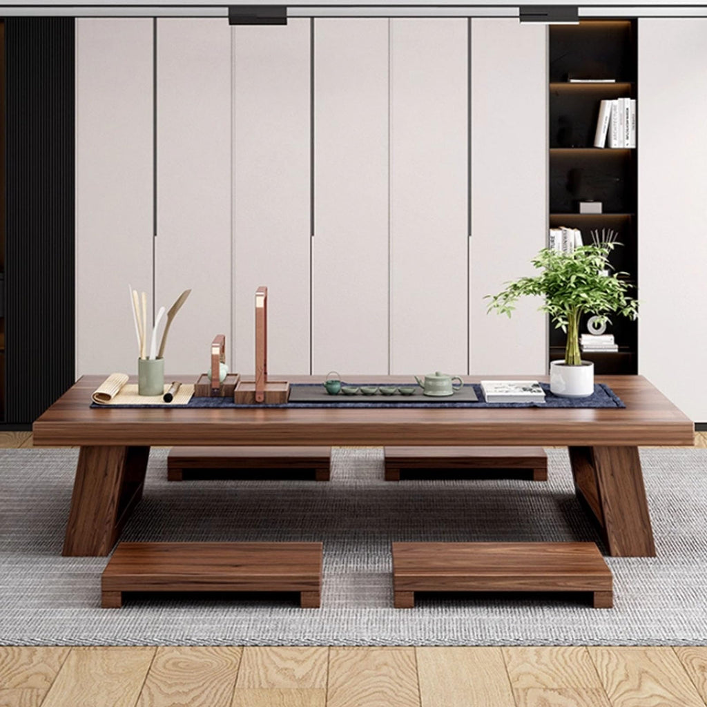 Japanese Floor Table, Low Japanese Dining Table for Floor Sitting with 4 Stools, Solid Wood Chabudai Tatami Coffee